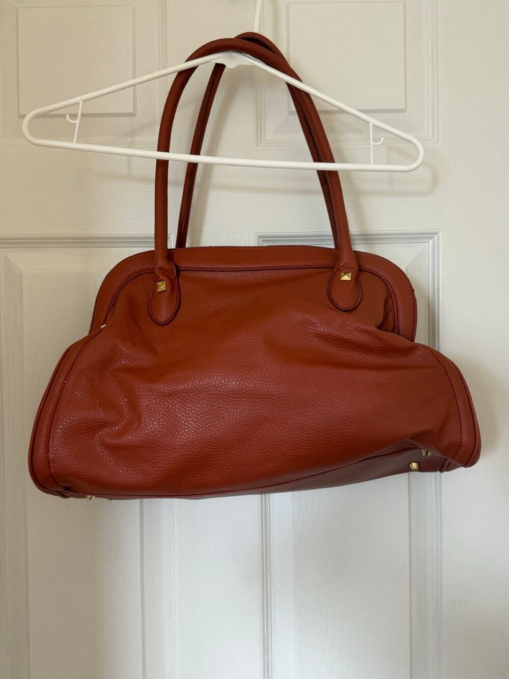IMAN Global Chic Cognac Pebbled Faux Leather Satchel Shoulder Bag Gold Hardware